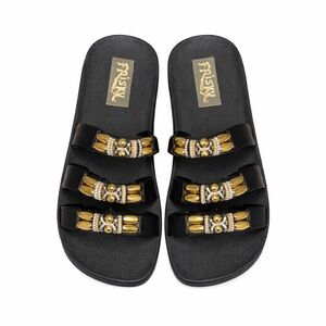 Frisky Black & Gold Beaded Slide Sandals Size 9 | Embellished Flat Slip-On